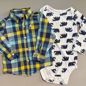 💜3/$15 Plaid Button Up Shirt and Bear Print Onesie Set